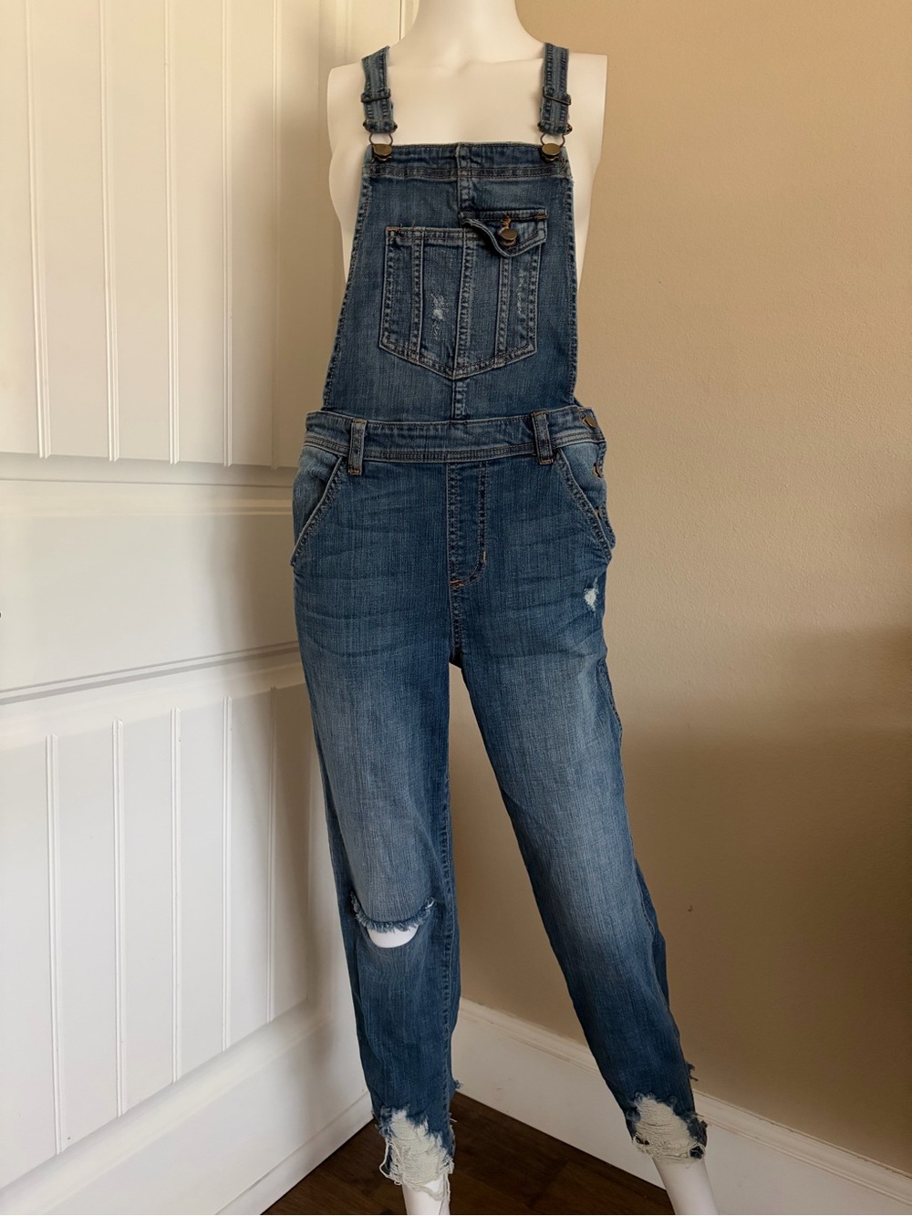 Denim Blue Distressed Women's Overalls Jeans